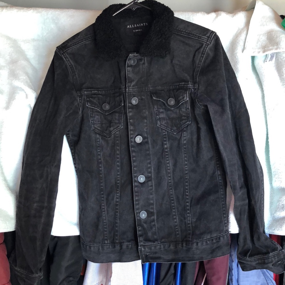 All saints black denim jacket-fur collar